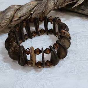 Vintage Boho Bracelet 80s Coconut Shell Half-Moons & Amber Acrylic Beads